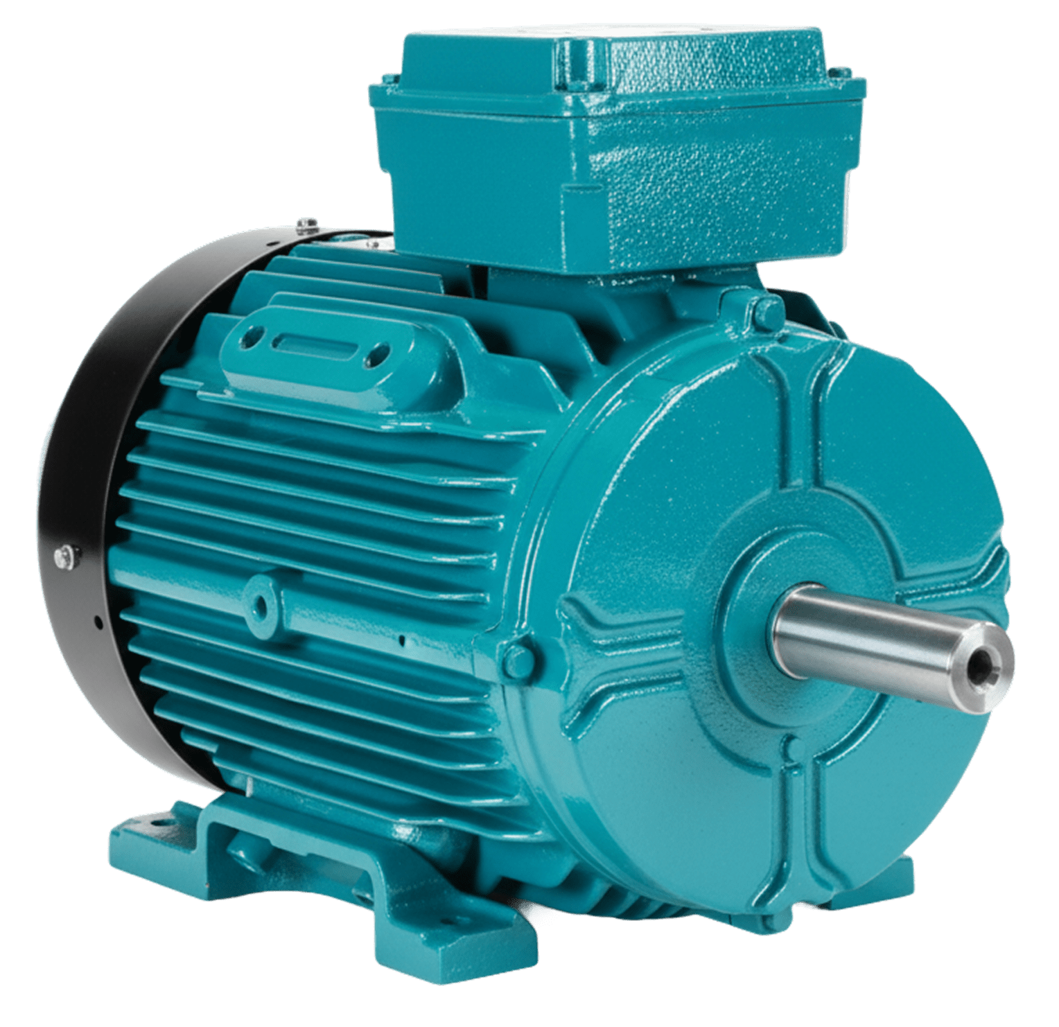 Industrial electric motor with cooling fins and shaft